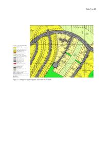 Utklipp fra reguleringsplan som viser tomtedeling, vegnett og arealbruk med fargekoding.