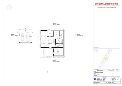 Etasjeplan (Plan 1. Etasje) med romfordeling, dimensjoner og bilplassering.