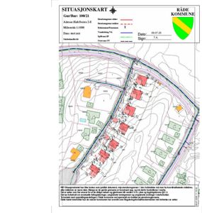 Situasjonskart som viser eiendomsgrenser, tomtedeling og infrastruktur for Hafellveien 2-8 i Råde kommune.