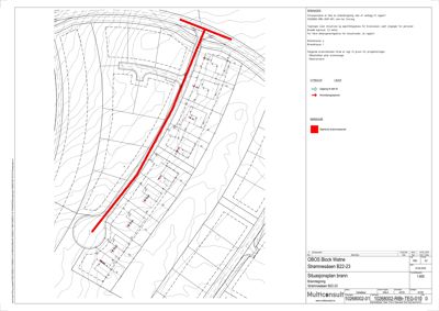 Situasjonsplan for brannoppgradering av OBOS Block Walne, som viser tomtens topografi, eksisterende bygninger og planlagte tiltak.