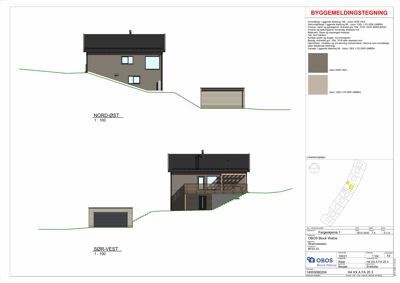 Fasadetegning som viser bygningens utseende fra nord-øst og sør-vest, inkludert fargevalg og materialer.