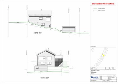 Fasadetegning (oppriis) som viser bygningens utseende sett fra nord-øst og nord-vest, inkludert terrengforhold og høyder.