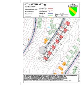Situasjonskart som viser eiendomsgranser, tomtedeling og infrastruktur for Hafellveien 10-18 i Råde kommune.