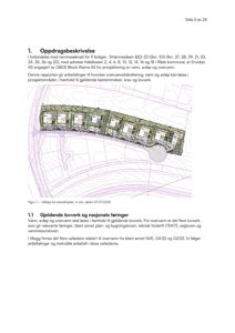 Bildet viser en situasjonsplan (overaksplan) for et prosjekt med 9 boliger. Tegningen viser bygningens plassering i forhold til terrenget (konturlinjer) og veier.