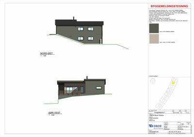 Fasadetegning som viser bygningens utsyn fra nord-øst og sør-vest, inkludert fargevalg og materialebeskrivelse.