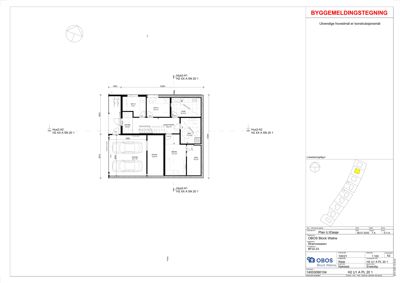 Etasjeplan (Plan 1. Etasje) for en bygning med romfordeling, dimensjoner og snittreferanser.