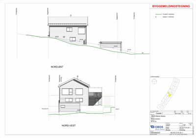 Fasadetegning som viser bygningens utseende sett fra nord-øst og nord-vest, inkludert høydeangivelser og terrengforhold.