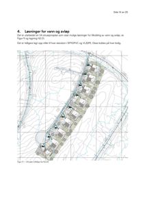 Situasjonsplan som viser løsninger for vann og avløp (VA) med rørledninger, høydemålerkurver og tomt.