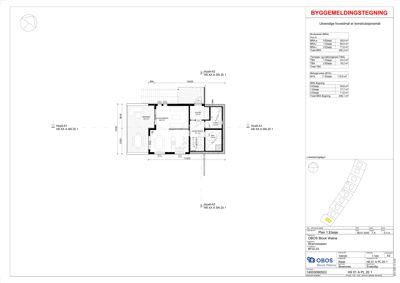 Etasjeplan (Plan 1. Etasje) som viser romfordeling, dimensjoner og arealoppsummering for en bygning.