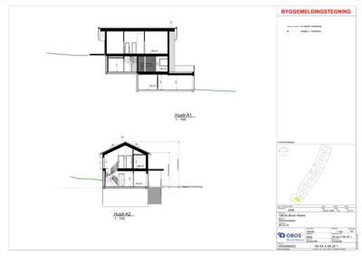 Snittegning (Hus9-A1 og Hus9-A2) som viser bygningens tverrsnitt, høyder og innvendig oppdeling.