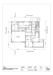 Etasjeplan for 1. etasje som viser romfordeling, dører, vinduer og mål.