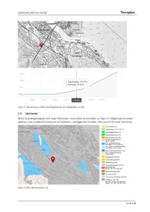 Bildet viser en side fra en byggesak som inneholder to kart. Øverst er en situasjonsplan med høydeprofil, og nederst er et kvartærgeologisk kart (løsmassekart) med en fargeleggendet legende.