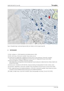 Kart som viser et geografisk område med topografi, veier og markerte punkter (blå trekanter og et rødt pinne-mærke).