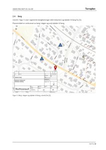 Kart som viser bergblotninger og dybder til berg i et planområde.