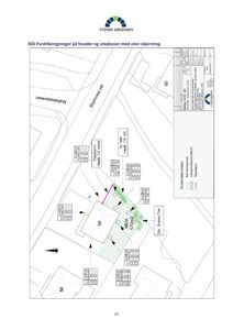 Situasjonsplan som viser punktberegninger for støy på tomt, med angivelse av skjermer, hekker og naboeiendommer.