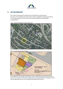 Bildet viser en situasjonsplan med et flyfoto (Figur 1) og en tegnet situasjonsplan (Figur 2) som viser eiendomsforhold og arealoppdelinger.