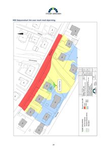 Støysonekart som viser tomtegrenser, nabohus og støysoner i et nabolag.