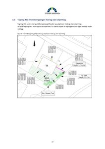 Situasjonsplan som viser punktverdier (Lden) for støyberegning på fasader og uteområder, med angivelse av skjerming og hekk.