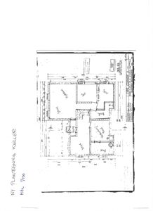 Etasjeplan (keller) med romfordeling, mål og håndskrevne notater.