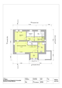 Etasjeplan for 2. kjeller med romfordeling, mål og fasadeindikasjoner