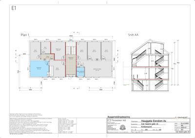 Etasjeplan (Plan 1) med romfordeling og et snitt (Snitt AA) av bygningen.