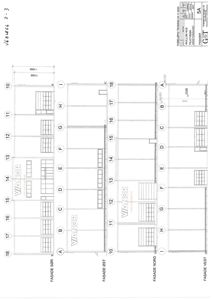 Bildet viser en fasadetekning for et bygg med navnet 'VIANOR'. Det er tegnet frem fire sider av bygget (Sør, Øst, Nord, Vest) med angitte mål og romnummer.