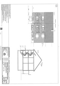 Fasadetegning som viser bygningens utseende fra utsiden, inkludert takform og vindu.