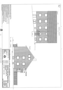 Fasadetegning som viser fronten av en bygning sett fra utsiden.