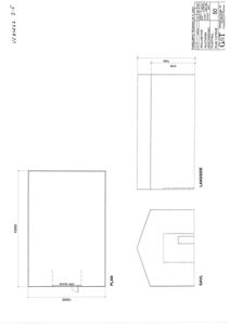 Bildet viser en tegning med etasjeplan (PLAN) og fasadeoppriks (GAVL, LANGSIDE) for en bygning. Det er tegnet inn mål og en port.