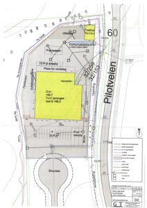 Situasjonsplan som viser tomt, veier, naboeiendom og planlagt byggefelt.