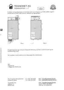 Bildet viser to etasjeplan (Plan 1 og Plan 2) med romfordeling og mål. Det er en tegning fra en byggesak.