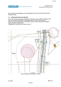 Situasjonsplan som viser eksisterende kommunale ledninger (overvann) i området, med merking av vannkilder og ledningsnett.