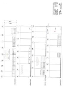 Fasadetegning som viser bygningens utseende sett fra fire sider (Nord, Sør, Øst, Vest) med mål og romoppdeling.