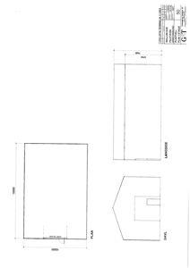 Bildet viser en tegning med etasjeplan (PLAN) og fasadeoppriks (GAVL, LANGSIDE) for et hus. Det er tegnet med målestokk og dimensjoner.