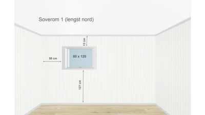 3D-visualisering av et soverom med mål for vindu og veggbelegg.