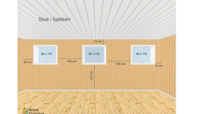 3D-visualisering av et interiør (stue/kjøkken) med detaljerte mål for vinduene og gulvbelegg.