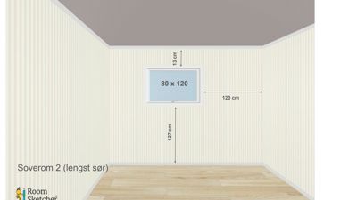 Detaljtegning som viser plassering og mål for en uttak (80x120 cm) i en vegg i et soverom.