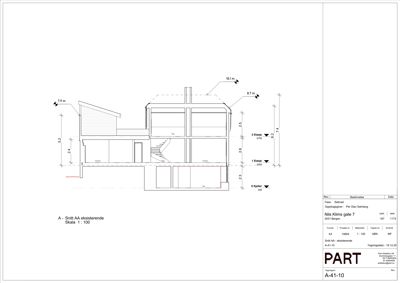 Snittegning (A - Snitt AA) som viser tverrsnittet av en eksisterende bygning med høydemål og etasjeskiller.