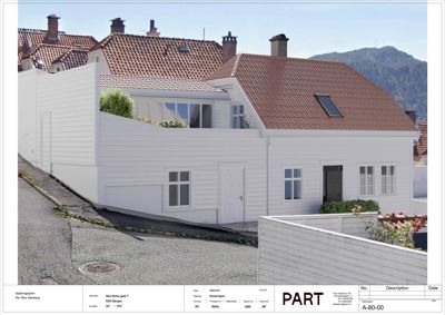 Fotografi av en hvit, moderne tilbygg eller nybygd hus med rød takflis, sett fra gaten. Bildet er inkludert i en tegningspakke (se 'PART' og 'A-80-00' i bunnen).