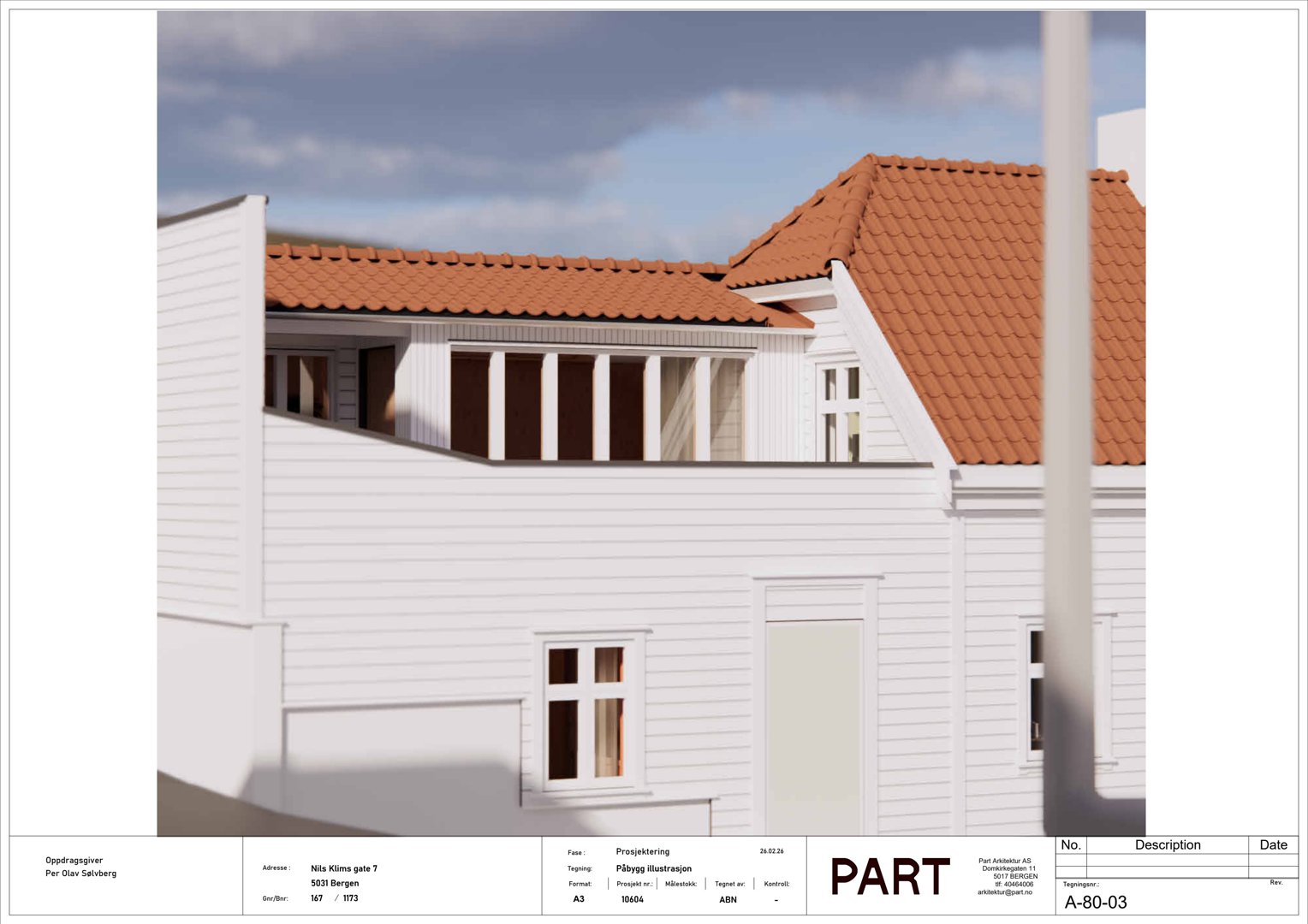 3D-visualisering av fasade på en hvit villa med rødt tak, sett fra siden.