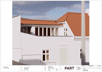 3D-visualisering av fasade på en hvit villa med rødt tak, sett fra siden.