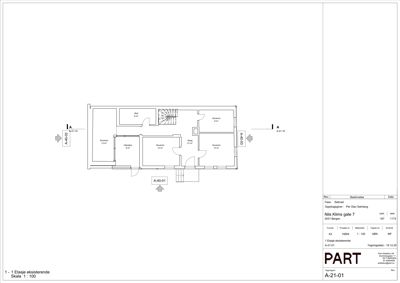 Etasjeplan for 1. etasje av eksisterende bygning, med romoppdeling og arealoppgave.