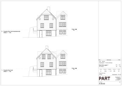Fasadetegning som viser bygningens utseende sett fra sør-vest, med to varianter (eksisterende og planlagt).
