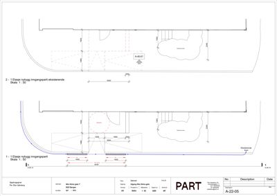 Etasjeplaner som viser inngangsparti for 1. og 2. etasje med mål og eksisterende/nybyggte deler.