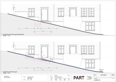 Snittegning av eksisterende og planlagt fortau foran Nils Klims gate.