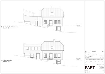Fasadetegning som viser eksisterende og planlagt fasade for en bygning på Nils Klime gate 7.