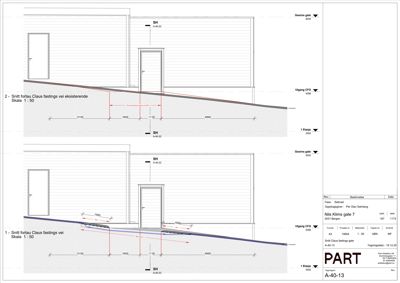 Snittegning som viser detaljer for snittfortau (fortau) langs Claus fastings vei, inkludert nivåer, dimensjoner og forhold til eksisterende bygning.