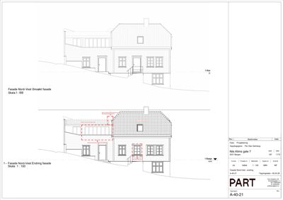 Fasadetegning som viser en nord-vest fasade med to varianter: en omsekt fasade og en endring av fasaden.