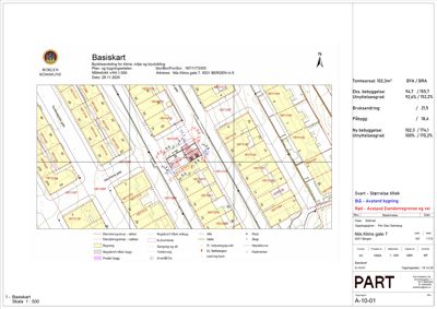 Basiskart som viser eiendomsgrenser, bebyggelse og planlagt utbygging for Nils Klins gate 7.