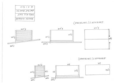 Håndtegnet detaljtegning som viser dimensjoner og plassering av containerenheter (Container 1 og Container 2) i forhold til en skråning eller terreng.